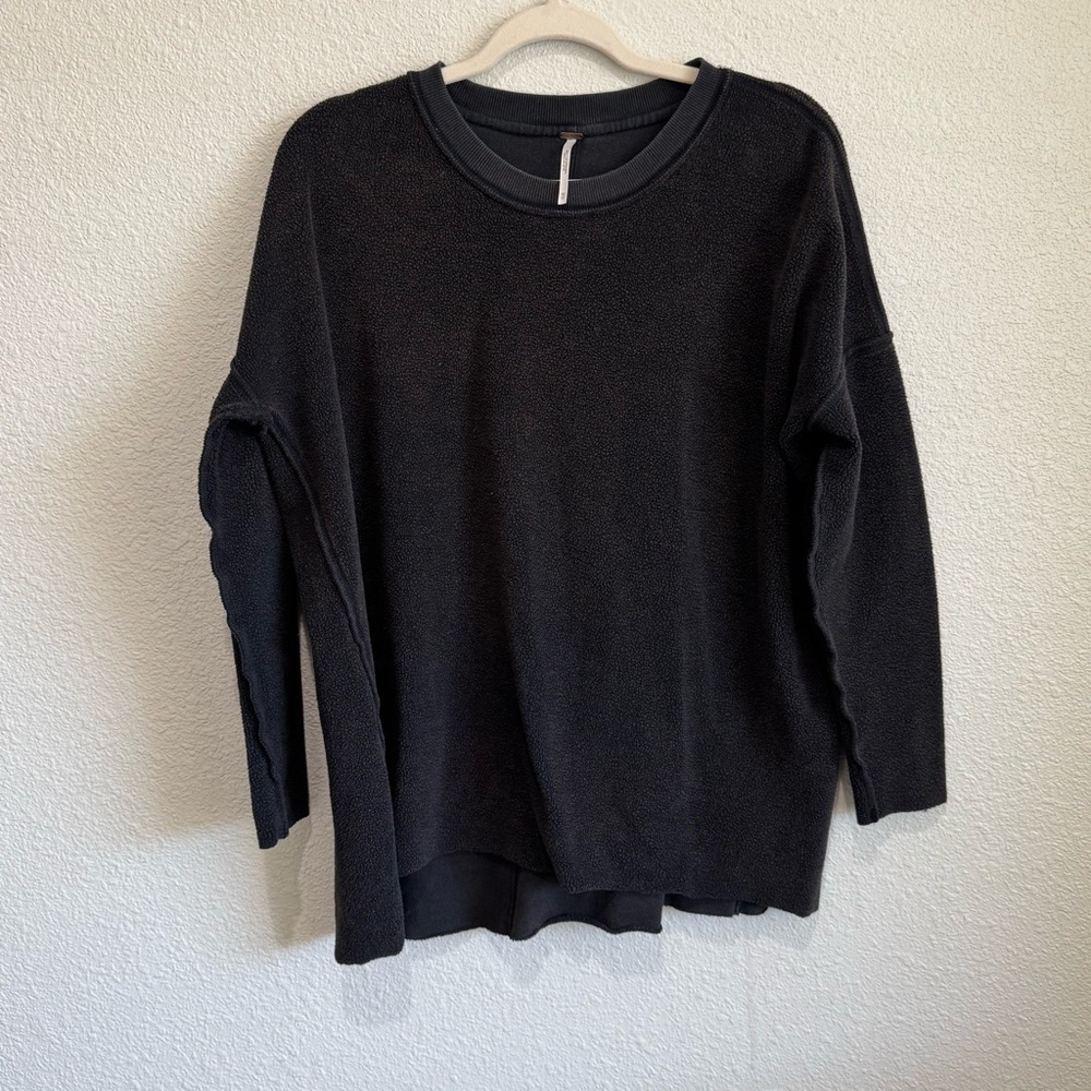 Free People Womens XS Black Worn in Slouchy Fleece Pullover Sweatshirt Casual